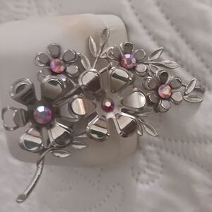 Coro Vintage Silver Brooch With Pink Jewel Accents